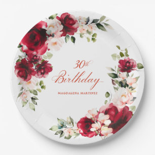 30e Verjaardag Party Rood Roze Bloemen Custom Pape Papieren Bordje