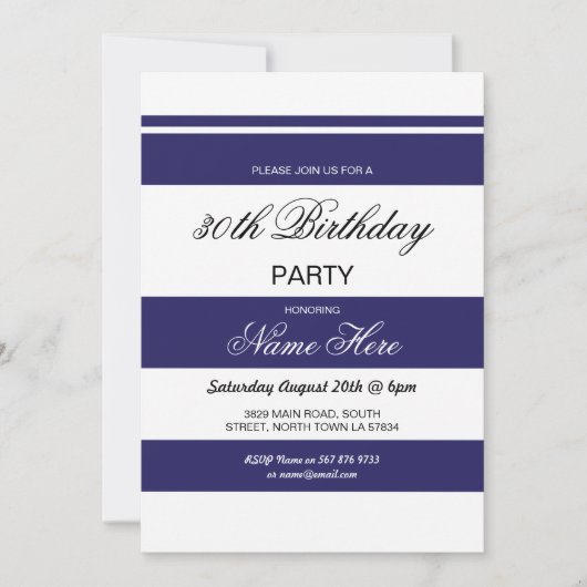 30e Verjaardag Party Stripe Navy & White Nodig 40  Kaart (Voorkant)