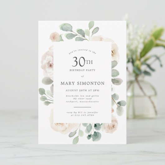 30e Verjaardag Party White Rose Bloemen Kaart (Staand voorkant)