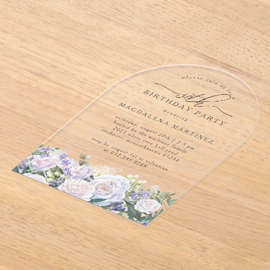 30e Verjaardag Party Witte Roos Blauwe Bloemenboog Acryl Uitnodigingen (Laagn)