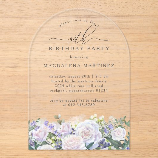 30e Verjaardag Party Witte Roos Blauwe Bloemenboog Acryl Uitnodigingen (Voorkant)