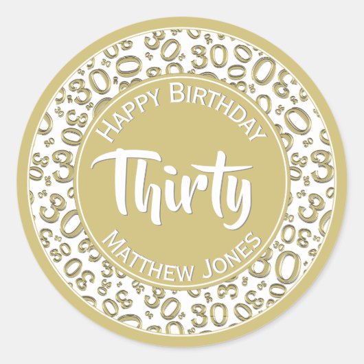 30e verjaardag Pattern Gold/White 30 Ronde Sticker (Voorkant)