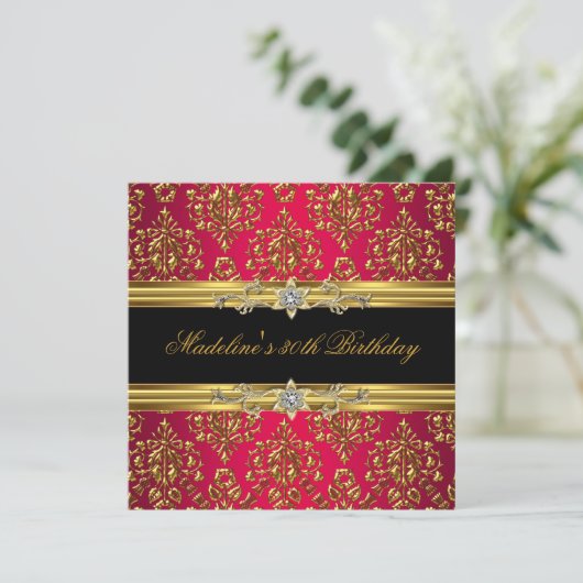 30e verjaardag Red Damask Gold Floral Black jewel Kaart (Staand voorkant)