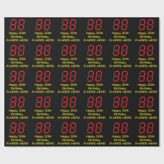 30e verjaardag: Red Digital Clock Style "30" + naa Cadeaupapier (Vlak)