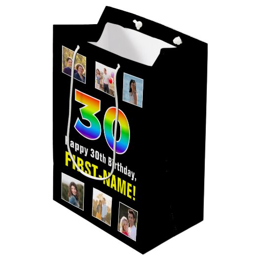 30e verjaardag: Regenboog "30", aangepaste foto's Medium Cadeauzakje (Voorkant Gekanteld)