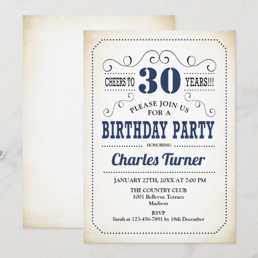 30e verjaardag - Retro Creamy White en Navy Kaart (Voorkant / Achterkant)