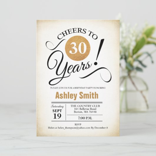 30e verjaardag - Retro Gold Black White Kaart (Staand voorkant)
