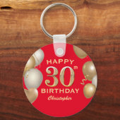 30e verjaardag Rode en gouden ballonnen op de Rode Sleutelhanger (Voorkant)