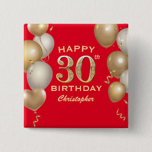 30e verjaardag Rode en gouden ballonnen op de Rode Vierkante Button 5,1 Cm