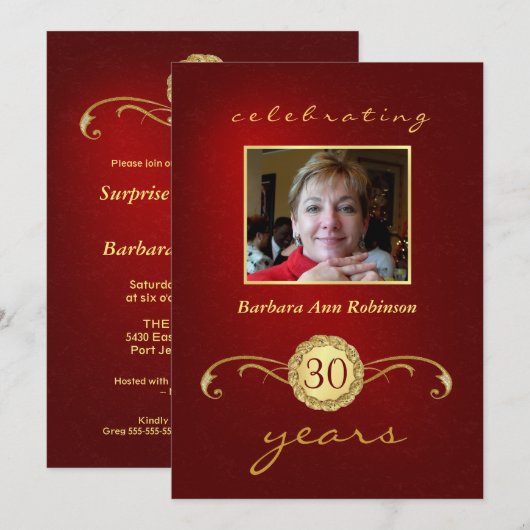 30e verjaardag - Rode & goudmonogram Kaart (Voorkant / Achterkant)