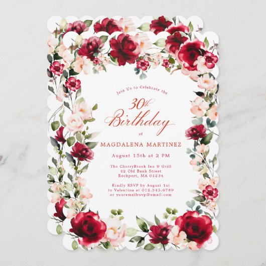 30e Verjaardag Rode Roos Roze Pioen Bloemig Kaart (Voorkant / Achterkant)