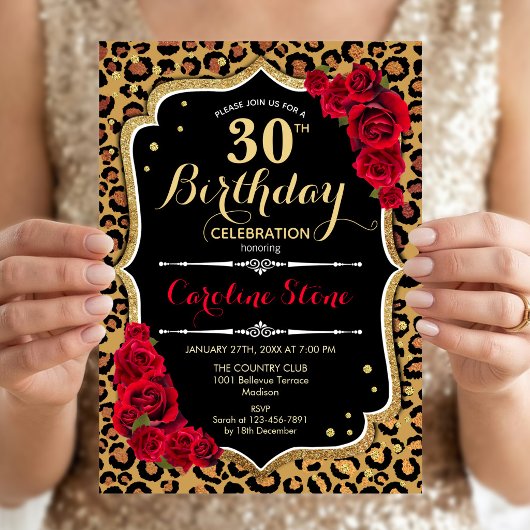 30e Verjaardag - Rode Rozen Luipaardprint Kaart