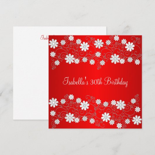 30e Verjaardag Rood & Wit Bloemen Kaart (Voorkant / Achterkant)