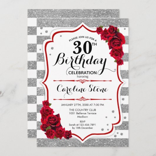 30e verjaardag - rood zilver witte strepen Rozen Kaart (Voorkant / Achterkant)