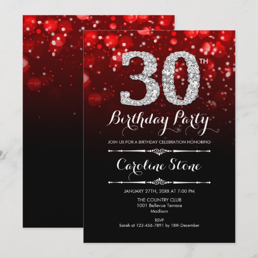30e verjaardag - Rood Zwart Zilver Kaart (Voorkant / Achterkant)
