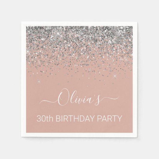 30e verjaardag Roos Gold Blush Pink Silver Glitter Servet (Voorkant)