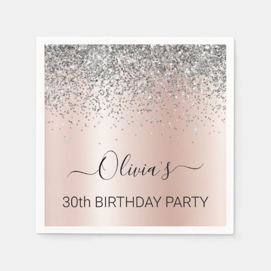 30e verjaardag Roos Gold Blush Pink Silver Glitter Servet (Voorkant)