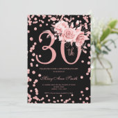 30e verjaardag Roos Gold Floral & Confetti Black Kaart (Staand voorkant)