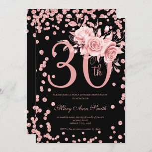 30e verjaardag Roos Gold Floral & Confetti Black Kaart