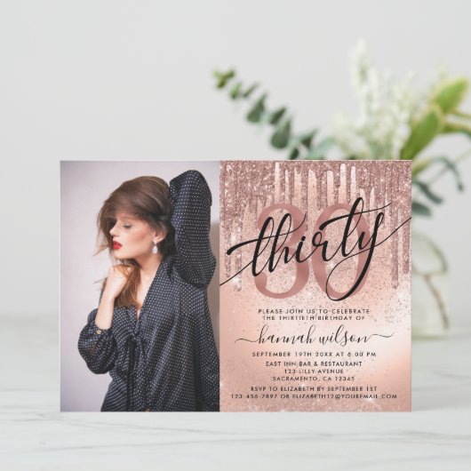 30e verjaardag Roos Gold Foil & Glitter Photo Kaart (Staand voorkant)
