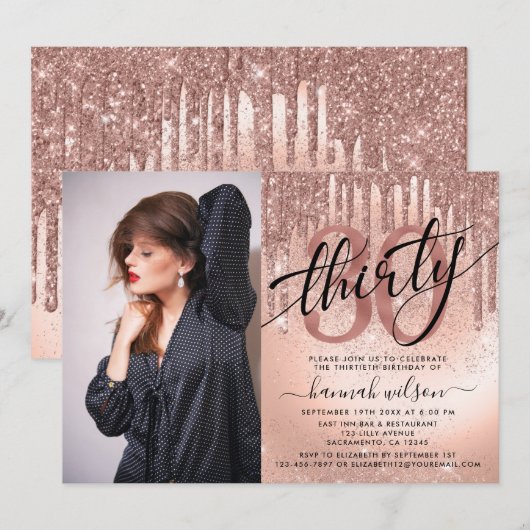 30e verjaardag Roos Gold Foil & Glitter Photo Kaart (Voorkant / Achterkant)