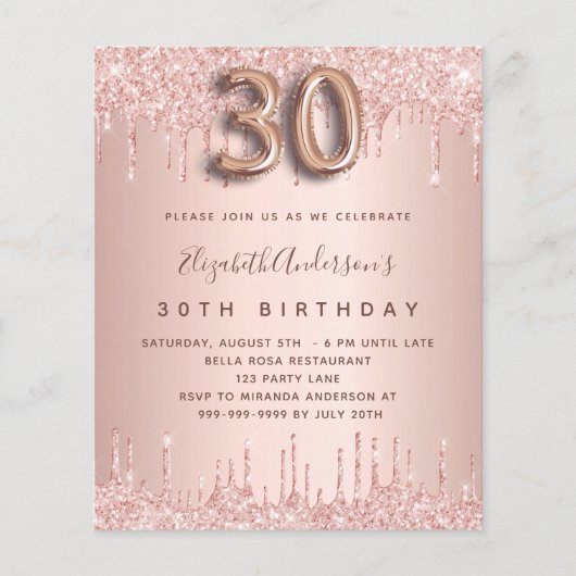 30e verjaardag roos goud glitter budget uitnodigin flyer (Voorkant)