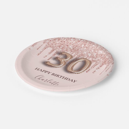 30e verjaardag roos goud glitter roze ballonstijl papieren bordje (Gekanteld)