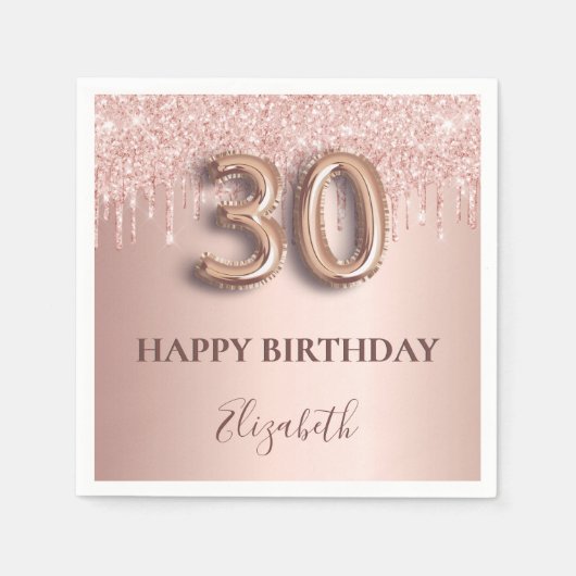 30e verjaardag roos goud glitter roze ballonstijl servet (Voorkant)