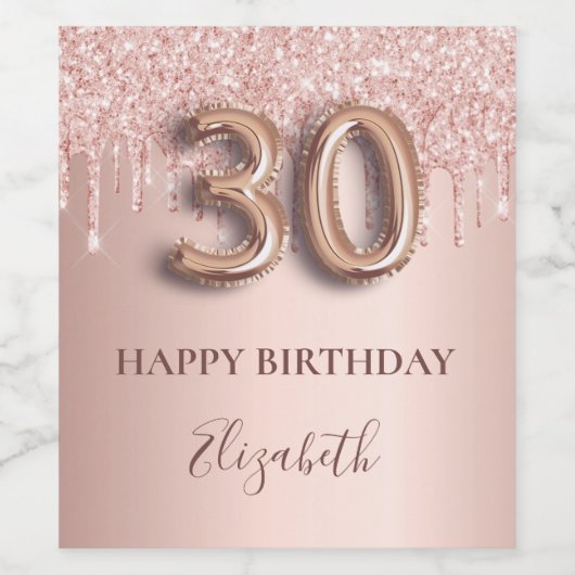 30e verjaardag roos goud glitter roze ballonstijl wijn etiket (Enkel label)