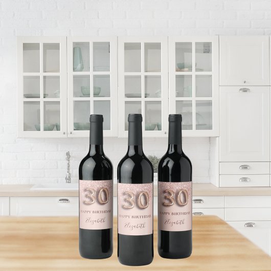 30e verjaardag roos goud glitter roze ballonstijl wijn etiket