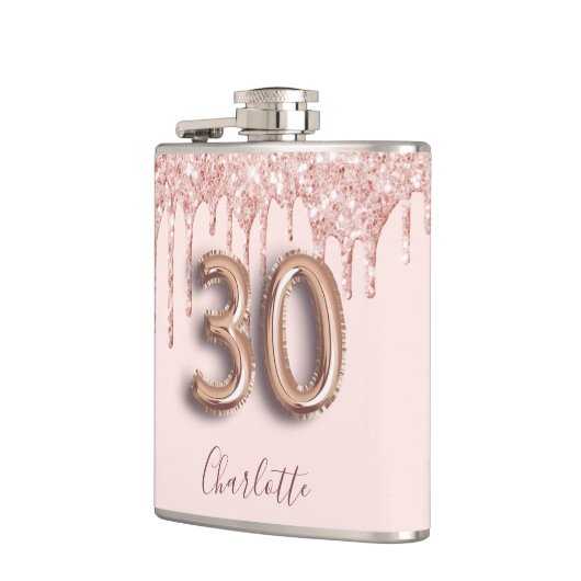 30e verjaardag roos goud glitter roze monogram gla heupfles (Links)