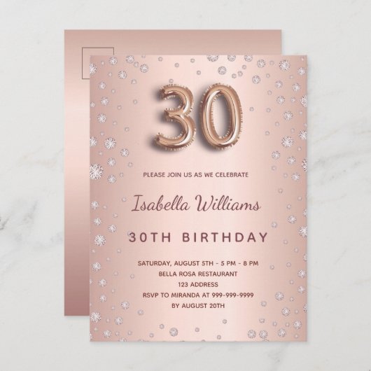 30e verjaardag roos gouddiamanten elegant briefkaart (Voorkant / Achterkant)