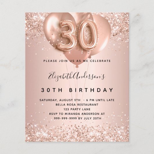 30e verjaardag roos gouden ballonnen begrotingsuit flyer (Voorkant)