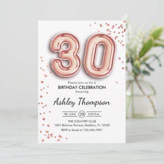 30e verjaardag - Roos gouden ballonnen Kaart (Staand voorkant)