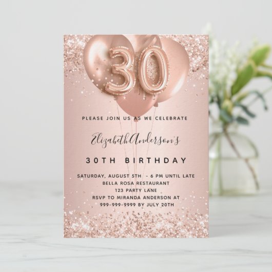 30e verjaardag roos gouden ballonnen luxe kaart (Staand voorkant)