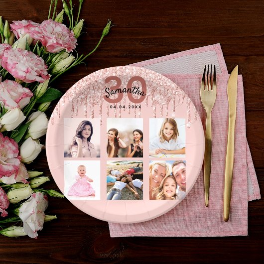 30e verjaardag roos gouden blush roze foto papieren bordje