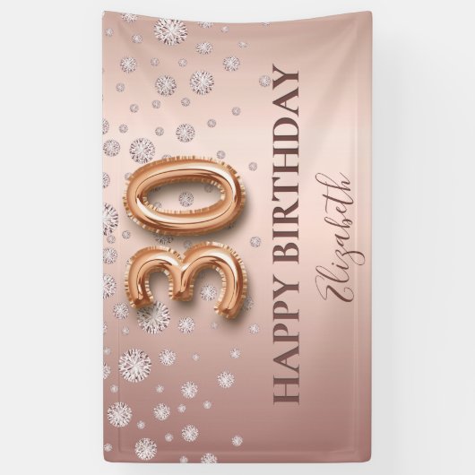 30e verjaardag roos gouden diamanten ballonschrift spandoek (Verticaal)