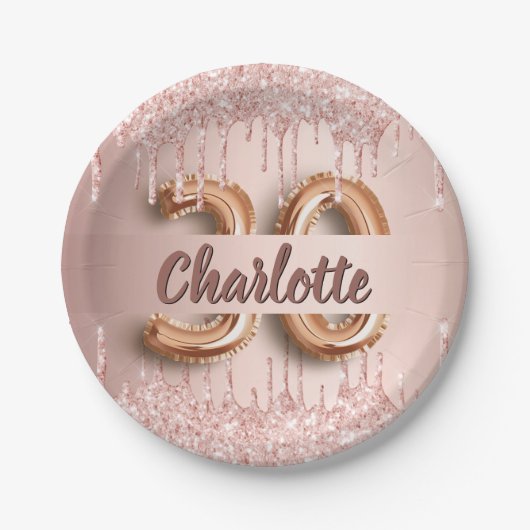 30e verjaardag roos gouden glitter druppels naam papieren bordje (Voorkant)