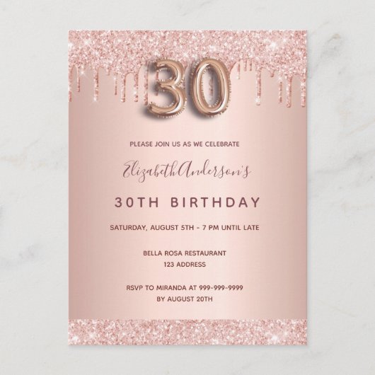 30e verjaardag roos gouden glitter roze uitnodigin briefkaart (Voorkant)