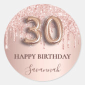 30e verjaardag roos gouden roze druppels ronde sticker (Voorkant)