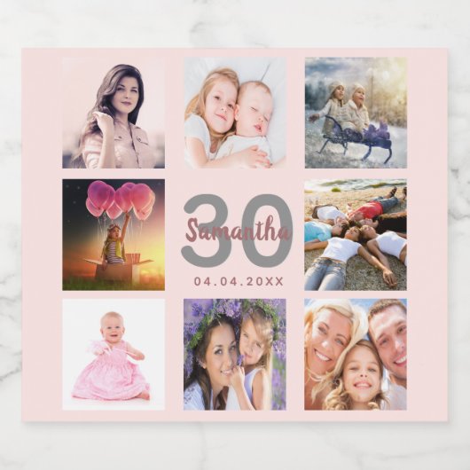30e verjaardag roos gouden roze fotocollage sparkling wijnetiket (Enkel label)