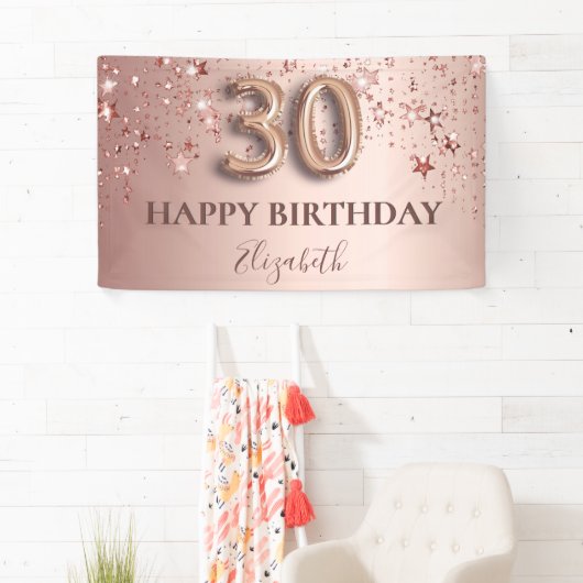 30e verjaardag roos gouden roze sterren ballonschr spandoek (Insitu)