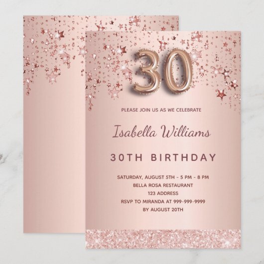 30e verjaardag roos gouden roze sterren kaart (Voorkant / Achterkant)