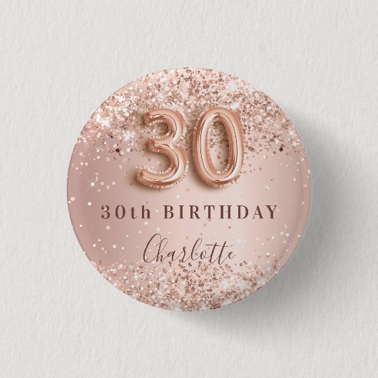 30e verjaardag roos gouden zwarte glitter naam ronde button 3,2 cm (Voorkant)