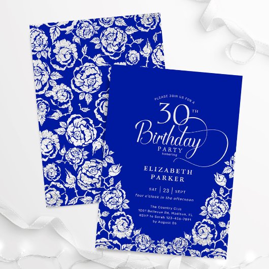 30e verjaardag Royal Blue Silver Rozen Kaart