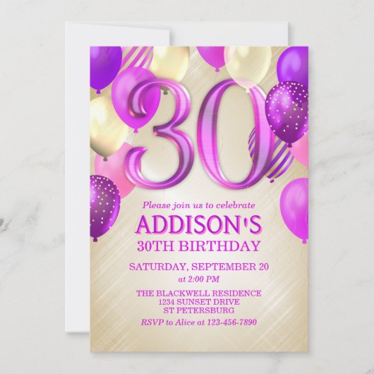 30e verjaardag roze ballonnen uitnodiging (Voorkant)