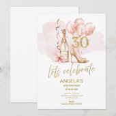 30e Verjaardag Roze en Goud, Champagne & Hakken Kaart (Voorkant / Achterkant)