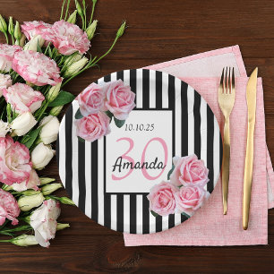 30e verjaardag roze floralen zwarte witte strepen papieren bordje
