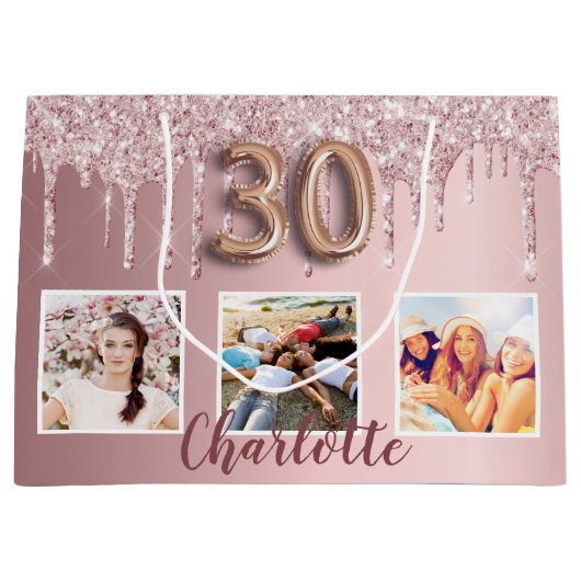 30e verjaardag roze glitter druppelt foto monogram groot cadeauzakje (Voorkant)