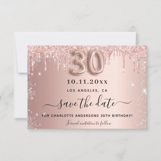 30e verjaardag roze goud zilveren glitterslijten save the date (Voorkant)